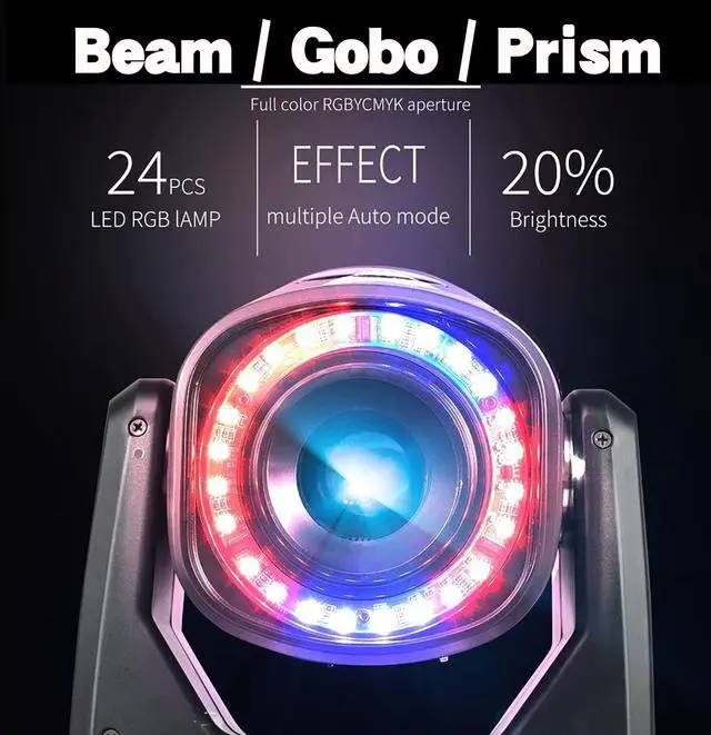 Alt view image 2 of 6 - 100W LED Moving Head Light with LED Ring Stage Light | 7 Dynamic & 6 Static Gobos, 8 Colors, 6-Facet Prism, DMX512, Unique Aperture Effect, Sound Active, for Wedding Party Disco