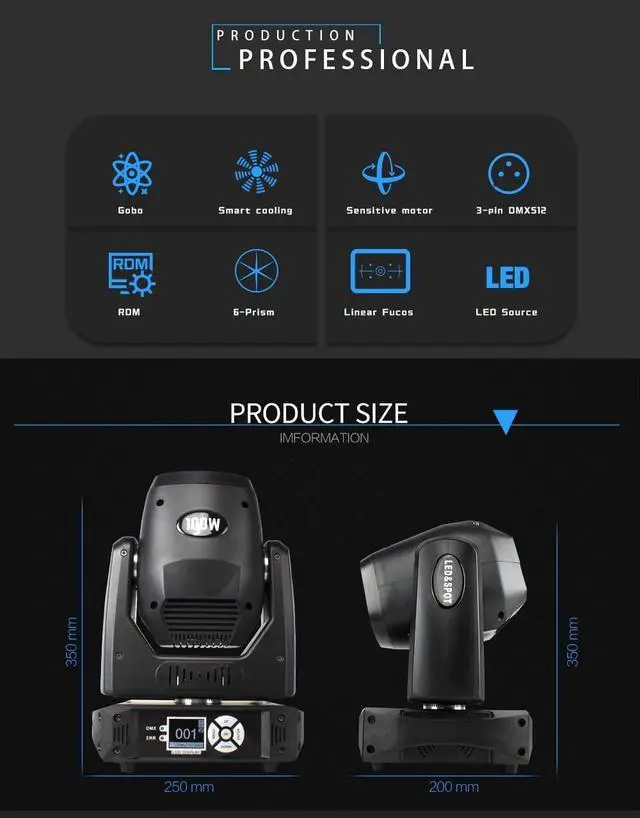 Alt view image 6 of 6 - 100W LED Moving Head Light with LED Ring Stage Light | 7 Dynamic & 6 Static Gobos, 8 Colors, 6-Facet Prism, DMX512, Unique Aperture Effect, Sound Active, for Wedding Party Disco