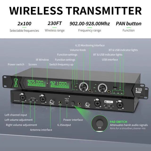 Alt view image 4 of 7 - RW2090 Wireless in Ear Monitor System,4 Bodypack Wireless IEM System | 902-928MHz,230Ft(70m) Range,Bluetooth Audio Monitoring System for Musicians,Stage Performance,Band Rehearsal,Studio Recording