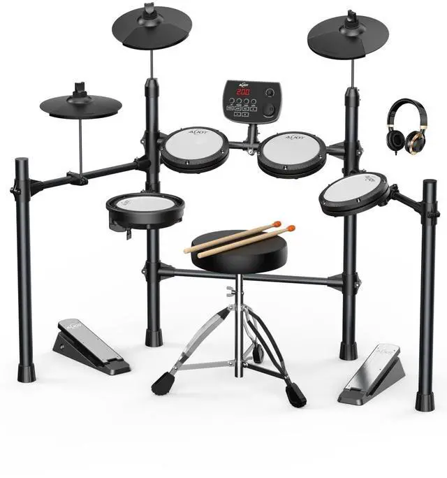 Main image of Electric Drum Set for Beginners & Adults, Quiet Mesh Pads Digital Drum Kit, Dual-Zone Snare, 5 Drums 3 Cymbals, 195+ Sounds, USB MIDI, Includes Throne, Headphones & Sticks for Apartment Practice