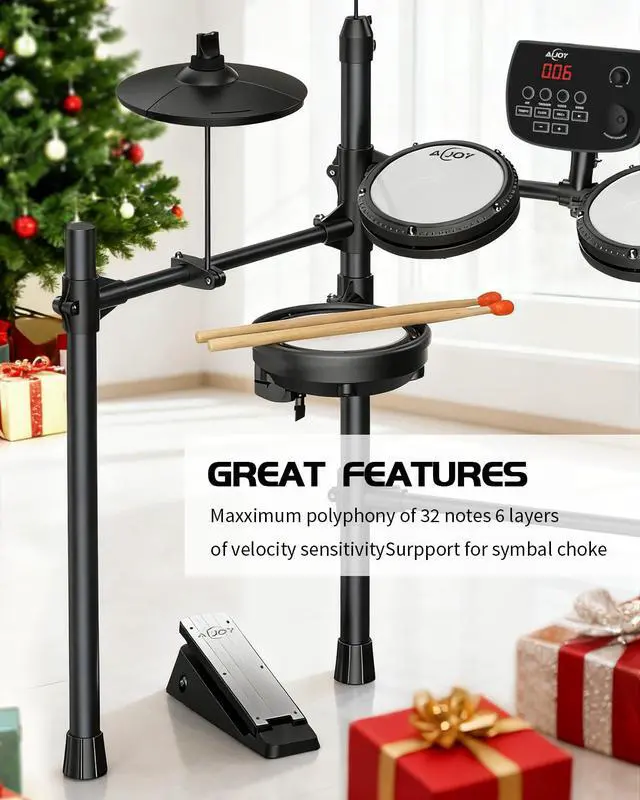 Alt view image 4 of 7 - Electric Drum Set for Beginners & Adults, Quiet Mesh Pads Digital Drum Kit, Dual-Zone Snare, 5 Drums 3 Cymbals, 195+ Sounds, USB MIDI, Includes Throne, Headphones & Sticks for Apartment Practice