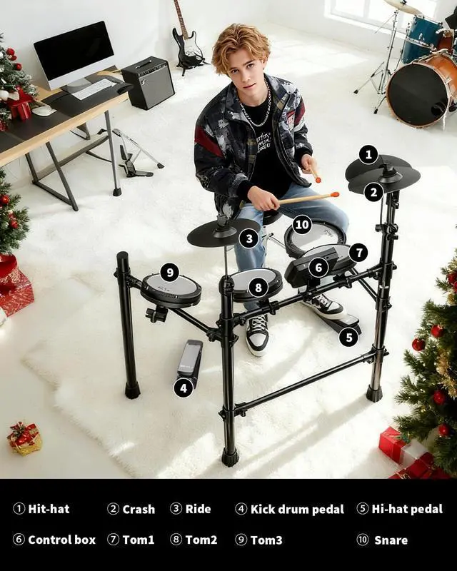 Alt view image 5 of 7 - Electric Drum Set for Beginners & Adults, Quiet Mesh Pads Digital Drum Kit, Dual-Zone Snare, 5 Drums 3 Cymbals, 195+ Sounds, USB MIDI, Includes Throne, Headphones & Sticks for Apartment Practice