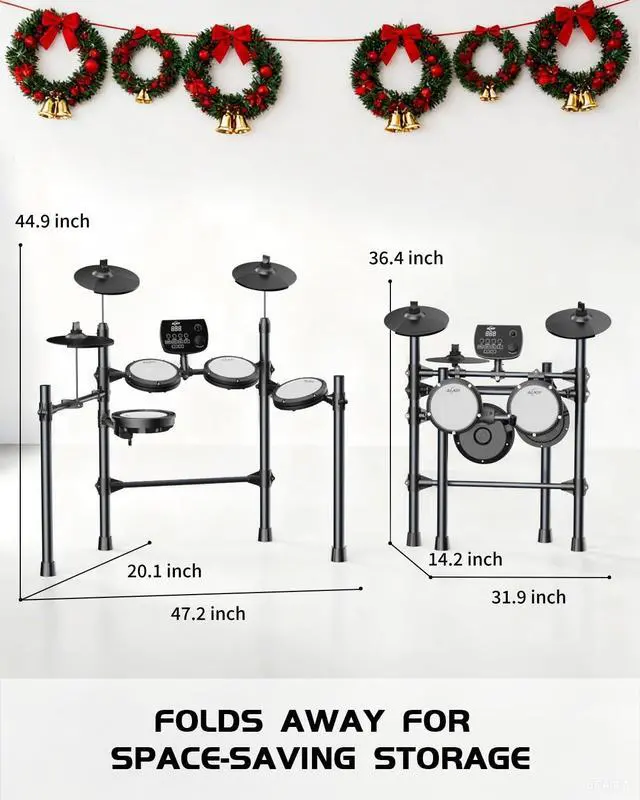 Alt view image 6 of 7 - Electric Drum Set for Beginners & Adults, Quiet Mesh Pads Digital Drum Kit, Dual-Zone Snare, 5 Drums 3 Cymbals, 195+ Sounds, USB MIDI, Includes Throne, Headphones & Sticks for Apartment Practice