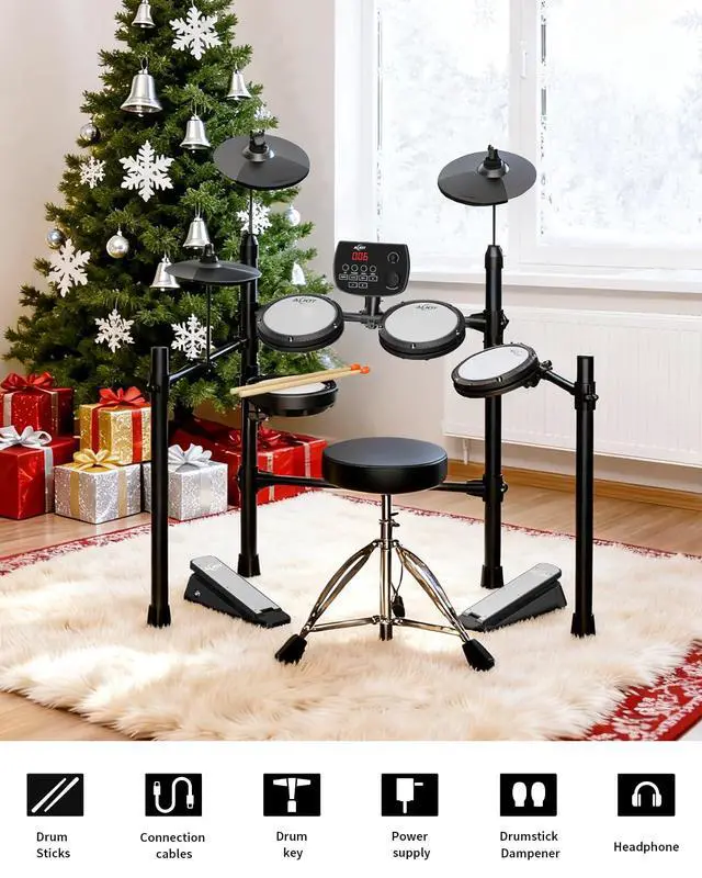 Alt view image 7 of 7 - Electric Drum Set for Beginners & Adults, Quiet Mesh Pads Digital Drum Kit, Dual-Zone Snare, 5 Drums 3 Cymbals, 195+ Sounds, USB MIDI, Includes Throne, Headphones & Sticks for Apartment Practice