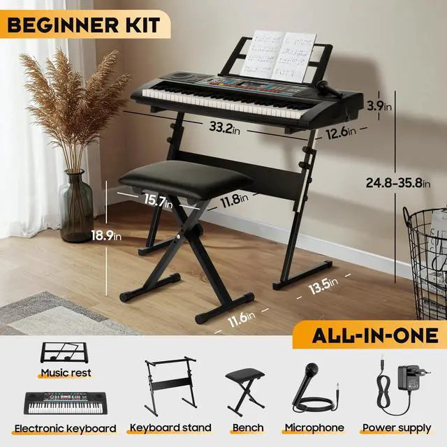 Alt view image 4 of 7 - 61 Key Keyboard Piano Electric Piano Set for Beginners with Stand & Stool, Microphone, Built-In Speakers, 128 Sounds & 128 Rhythms, Portable Electronic Keyboard