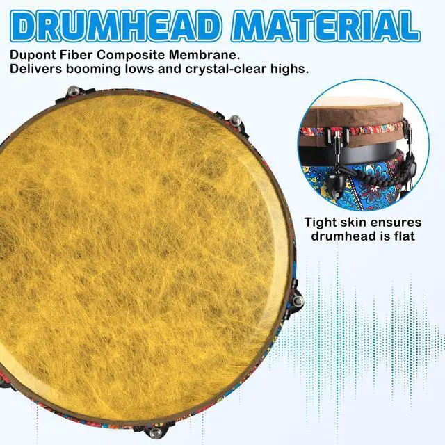 Alt view image 3 of 7 - Freestyle Mechanically Tuned Djembe 12 Inch Head - 12" x 24" Modern Key-Tuned Djembe with Synthetic Resonant Shell, Professional African Hand Drum for Performers