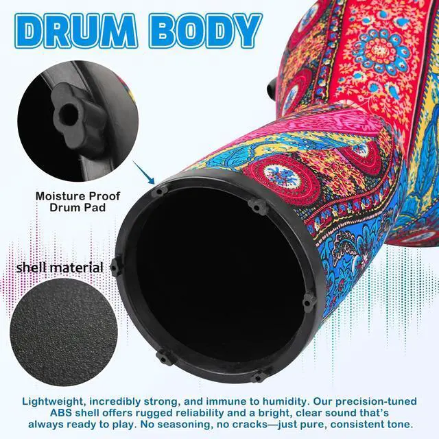 Alt view image 5 of 7 - Freestyle Mechanically Tuned Djembe 12 Inch Head - 12" x 24" Modern Key-Tuned Djembe with Synthetic Resonant Shell, Professional African Hand Drum for Performers