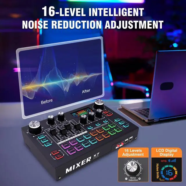 Alt view image 4 of 7 - X7 Podcast Equipment Bundle with Vocal Remover for TikTok, YouTube | 48V Phantom Power, XLR Condenser Mic, 4 Customizable Soundpads, 16-Level Noise Reduction, LCD Screen, 6.35mm Guitar Input