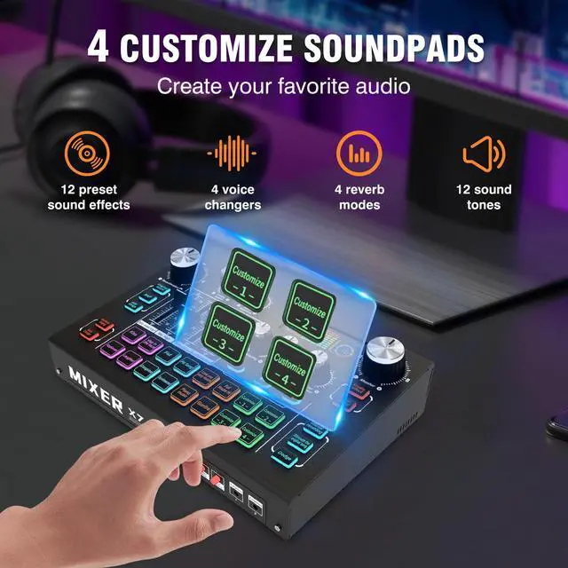Alt view image 3 of 7 - X7 Podcast Equipment Bundle with Vocal Remover for TikTok, YouTube | 48V Phantom Power, XLR Condenser Mic, 4 Customizable Soundpads, 16-Level Noise Reduction, LCD Screen, 6.35mm Guitar Input