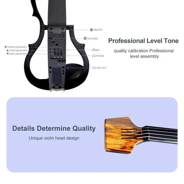 Alt view image 7 of 7 - Premium Carbon Fiber Electric Violin Full Size 4/4,Professional Electric Violin for Adults Beginner,Teens,Electric Fiddle Kit with Pro Pick Case -ZNDS-2303