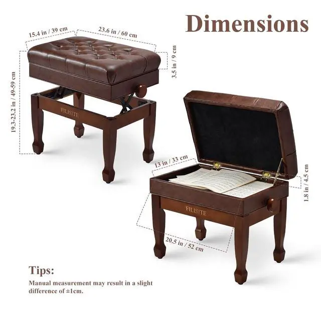 Alt view image 3 of 7 - Adjustable Height Piano Bench with Storage, Heavy Duty Solid Wood Piano Stool Keyboard Bench with PU Leather Padded Cushion(Wood)