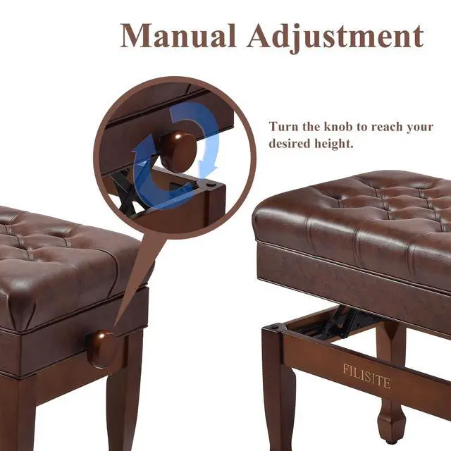 Alt view image 4 of 7 - Adjustable Height Piano Bench with Storage, Heavy Duty Solid Wood Piano Stool Keyboard Bench with PU Leather Padded Cushion(Wood)