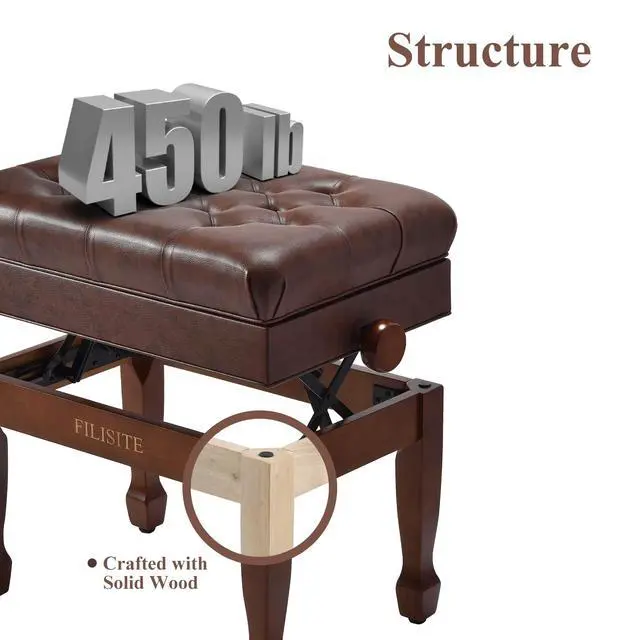 Alt view image 5 of 7 - Adjustable Height Piano Bench with Storage, Heavy Duty Solid Wood Piano Stool Keyboard Bench with PU Leather Padded Cushion(Wood)