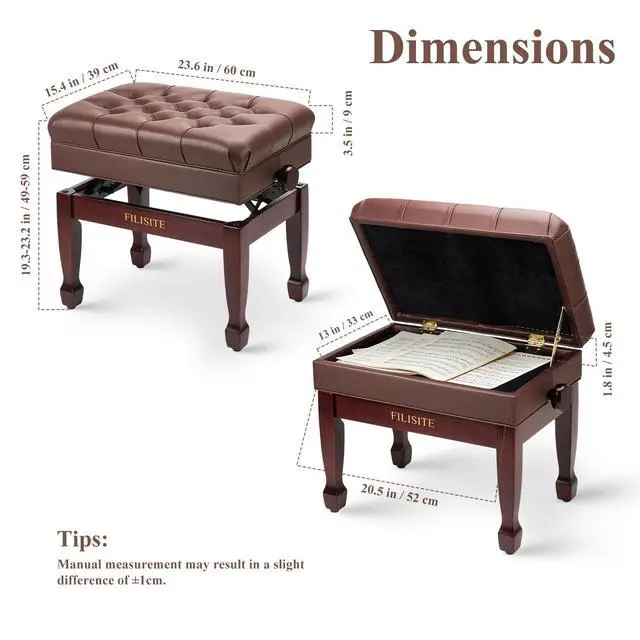 Alt view image 3 of 7 - Adjustable Height Piano Bench with Storage, Heavy Duty Solid Wood Piano Stool Keyboard Bench with PU Leather Padded Cushion(Brown)