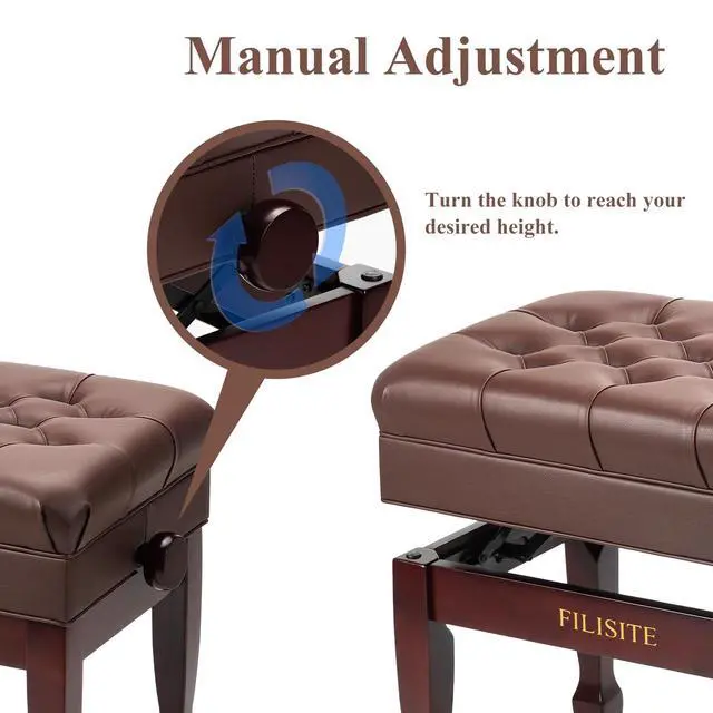 Alt view image 4 of 7 - Adjustable Height Piano Bench with Storage, Heavy Duty Solid Wood Piano Stool Keyboard Bench with PU Leather Padded Cushion(Brown)