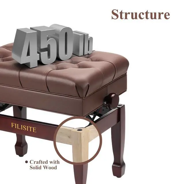Alt view image 5 of 7 - Adjustable Height Piano Bench with Storage, Heavy Duty Solid Wood Piano Stool Keyboard Bench with PU Leather Padded Cushion(Brown)