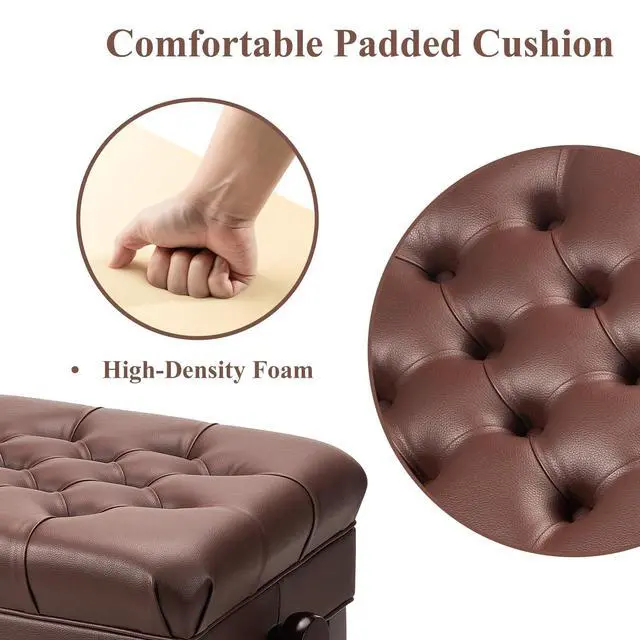 Alt view image 6 of 7 - Adjustable Height Piano Bench with Storage, Heavy Duty Solid Wood Piano Stool Keyboard Bench with PU Leather Padded Cushion(Brown)