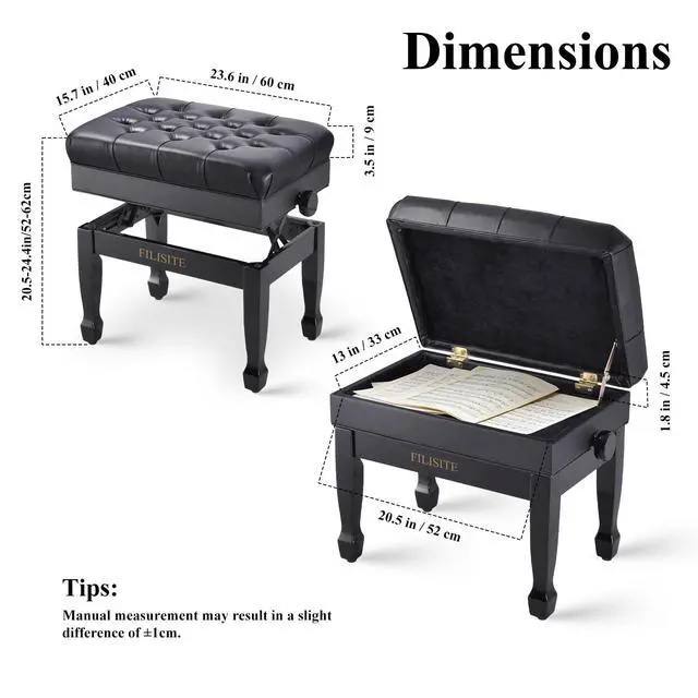 Alt view image 3 of 7 - Adjustable Height Piano Bench with Storage, Heavy Duty Solid Wood Piano Stool Keyboard Bench with PU Leather Padded Cushion(Black)
