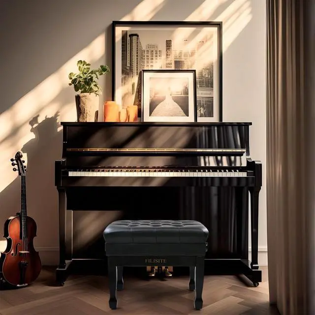 Alt view image 2 of 7 - Adjustable Height Piano Bench with Storage, Heavy Duty Solid Wood Piano Stool Keyboard Bench with PU Leather Padded Cushion(Black)