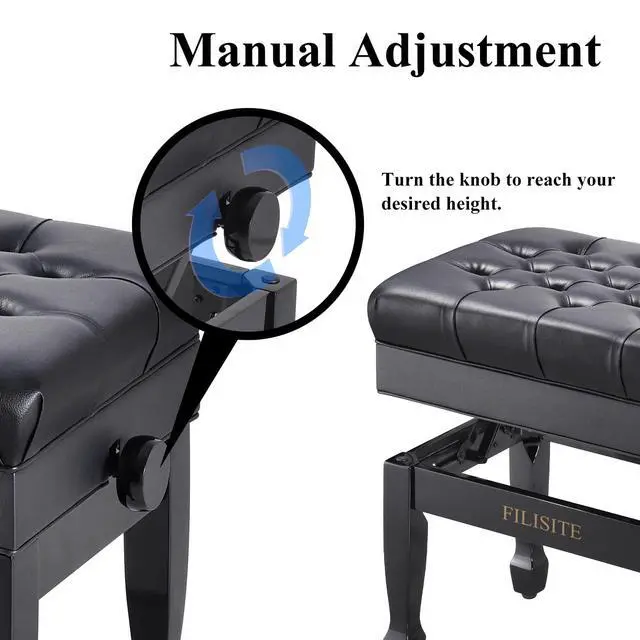 Alt view image 4 of 7 - Adjustable Height Piano Bench with Storage, Heavy Duty Solid Wood Piano Stool Keyboard Bench with PU Leather Padded Cushion(Black)