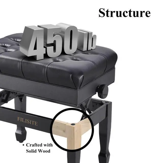 Alt view image 5 of 7 - Adjustable Height Piano Bench with Storage, Heavy Duty Solid Wood Piano Stool Keyboard Bench with PU Leather Padded Cushion(Black)
