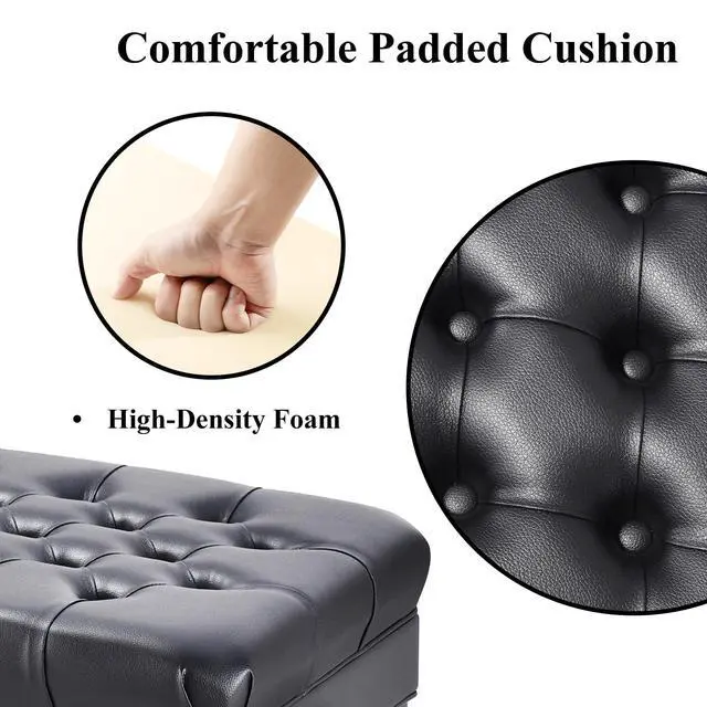 Alt view image 6 of 7 - Adjustable Height Piano Bench with Storage, Heavy Duty Solid Wood Piano Stool Keyboard Bench with PU Leather Padded Cushion(Black)