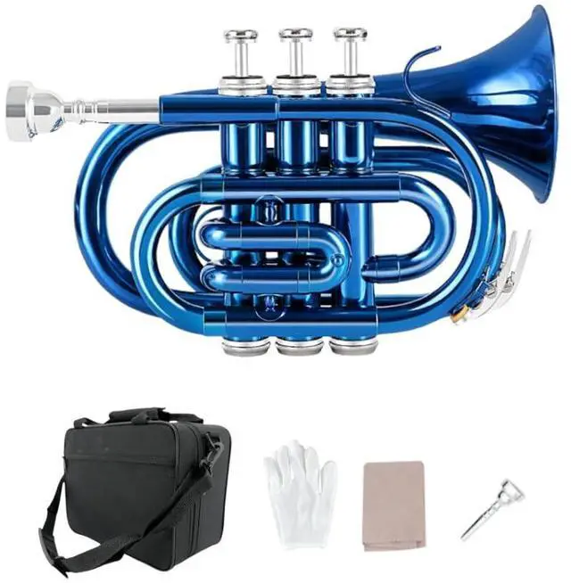 Main image of Bb Pocket Trumpet Mini Brass Instrument for Beginners, Gold Lacquer Finish with 7C Mouthpiece & Case, Ideal for Travel Marching Band Practice (Blue)