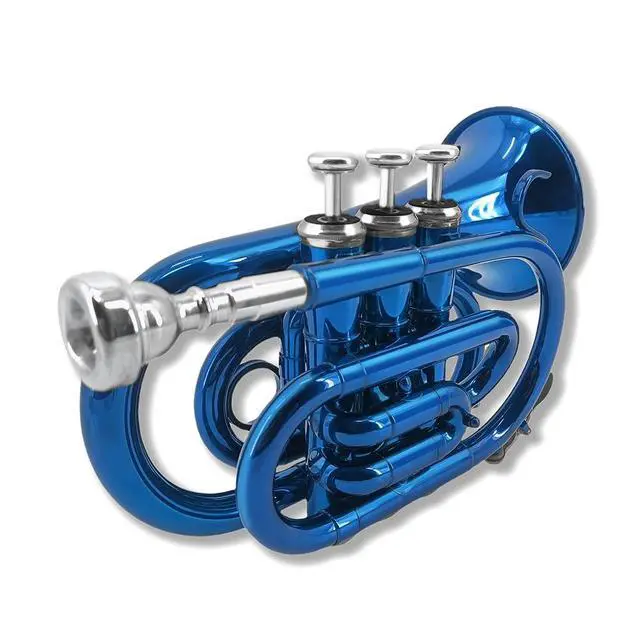 Alt view image 2 of 7 - Bb Pocket Trumpet Mini Brass Instrument for Beginners, Gold Lacquer Finish with 7C Mouthpiece & Case, Ideal for Travel Marching Band Practice (Blue)