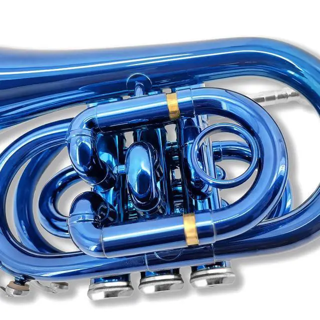 Alt view image 4 of 7 - Bb Pocket Trumpet Mini Brass Instrument for Beginners, Gold Lacquer Finish with 7C Mouthpiece & Case, Ideal for Travel Marching Band Practice (Blue)