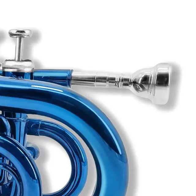 Alt view image 5 of 7 - Bb Pocket Trumpet Mini Brass Instrument for Beginners, Gold Lacquer Finish with 7C Mouthpiece & Case, Ideal for Travel Marching Band Practice (Blue)