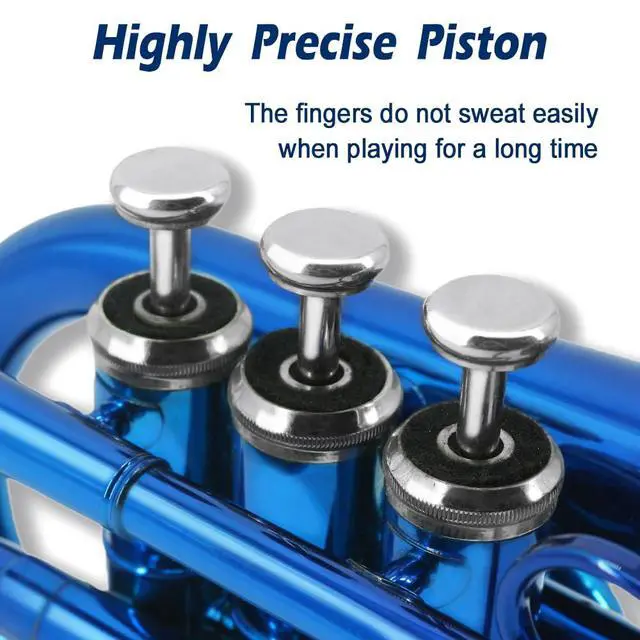 Alt view image 7 of 7 - Bb Pocket Trumpet Mini Brass Instrument for Beginners, Gold Lacquer Finish with 7C Mouthpiece & Case, Ideal for Travel Marching Band Practice (Blue)