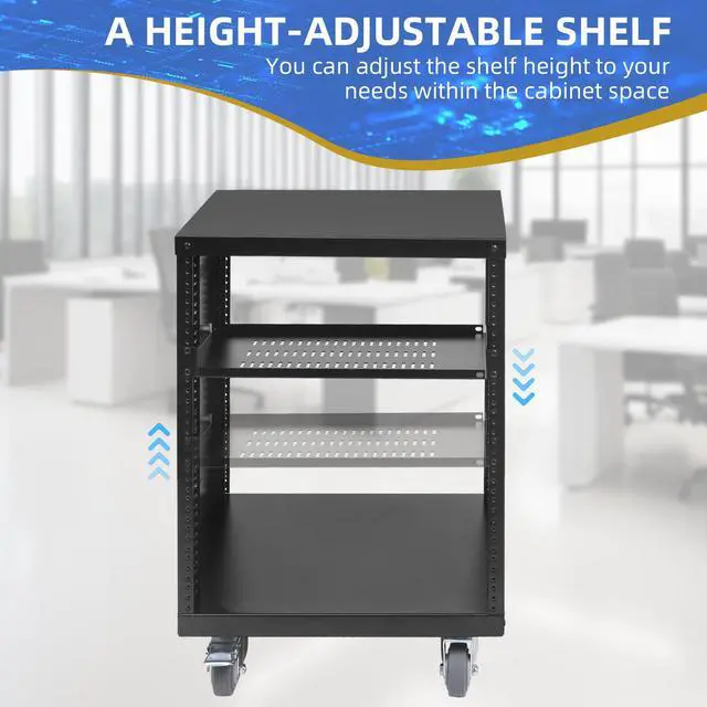 Alt view image 2 of 7 - 12U Rack with Caster Wheels, Heavy-Duty AV Rack with Adjustable Steel Shelf, Open Frame Server Rack for IT, AV, Data & Computer Equipment, 500lb Capacity, 19.7" W x 17.7" D x 26.8" H