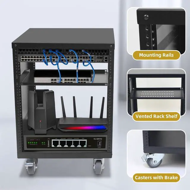 Alt view image 3 of 7 - 12U Rack with Caster Wheels, Heavy-Duty AV Rack with Adjustable Steel Shelf, Open Frame Server Rack for IT, AV, Data & Computer Equipment, 500lb Capacity, 19.7" W x 17.7" D x 26.8" H