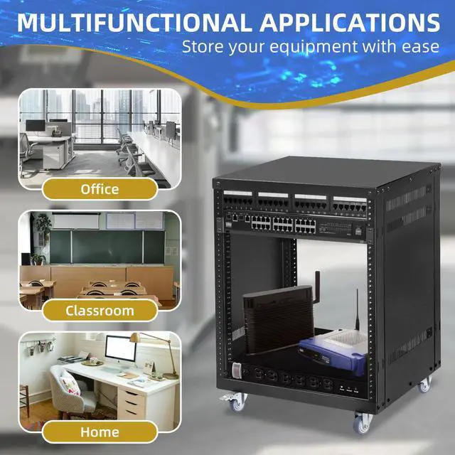 Alt view image 6 of 7 - 12U Rack with Caster Wheels, Heavy-Duty AV Rack with Adjustable Steel Shelf, Open Frame Server Rack for IT, AV, Data & Computer Equipment, 500lb Capacity, 19.7" W x 17.7" D x 26.8" H