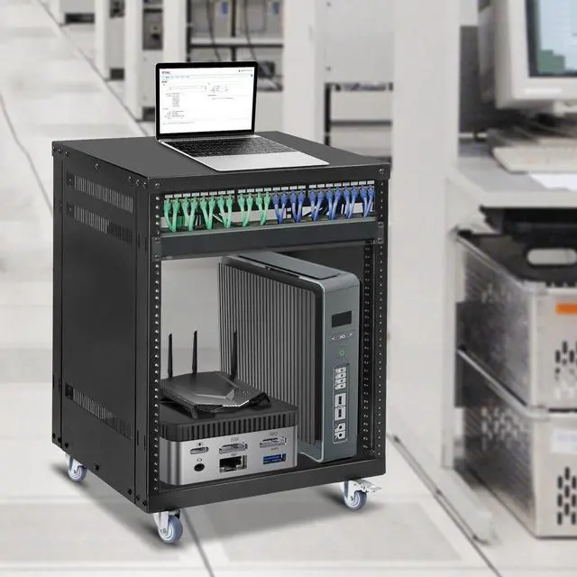 Alt view image 7 of 7 - 12U Rack with Caster Wheels, Heavy-Duty AV Rack with Adjustable Steel Shelf, Open Frame Server Rack for IT, AV, Data & Computer Equipment, 500lb Capacity, 19.7" W x 17.7" D x 26.8" H