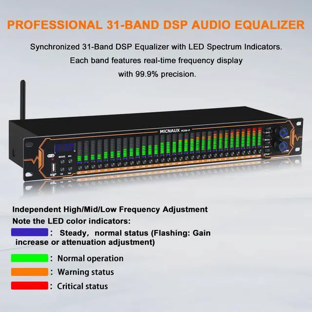 Alt view image 2 of 7 - Equalizer for Home Stereo Audio System, Professional 31-Band Graphic Equalizer Rack Mount Music Digital EQ Studio Equalization with Spectrum Analyzer Display & Noise Reduction