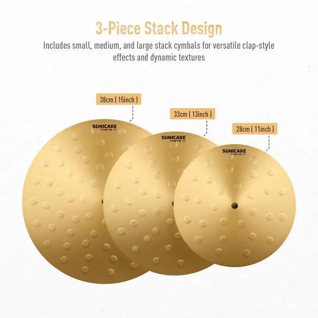 Alt view image 2 of 6 - Clap Stack Cymbal Pack, 11"13"15" 3-Piece Golden Smack Stack Cymbal Set for Drum Kits, Bright Crisp Attack Tone, Drum Cymbals for Practice, Studio and Stage Performance