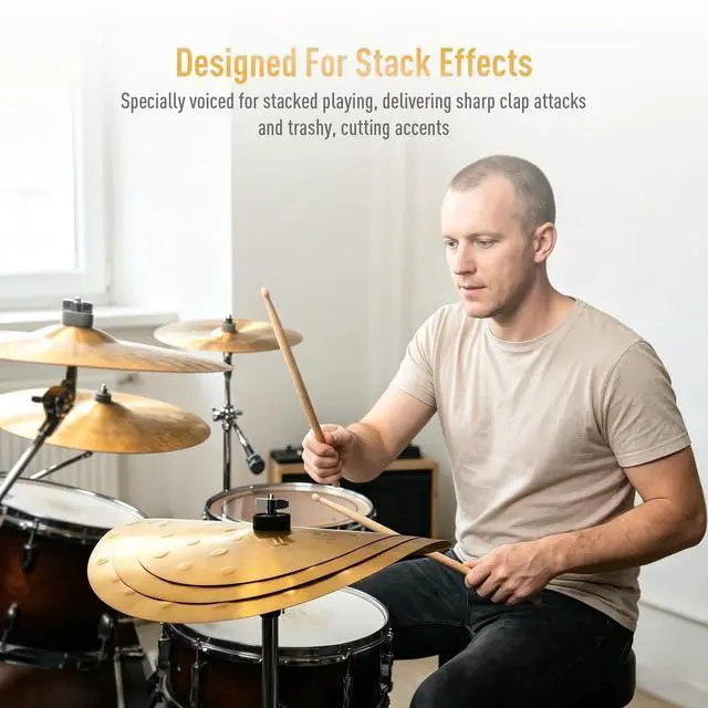 Alt view image 3 of 6 - Clap Stack Cymbal Pack, 11"13"15" 3-Piece Golden Smack Stack Cymbal Set for Drum Kits, Bright Crisp Attack Tone, Drum Cymbals for Practice, Studio and Stage Performance