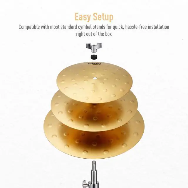 Alt view image 5 of 6 - Clap Stack Cymbal Pack, 11"13"15" 3-Piece Golden Smack Stack Cymbal Set for Drum Kits, Bright Crisp Attack Tone, Drum Cymbals for Practice, Studio and Stage Performance