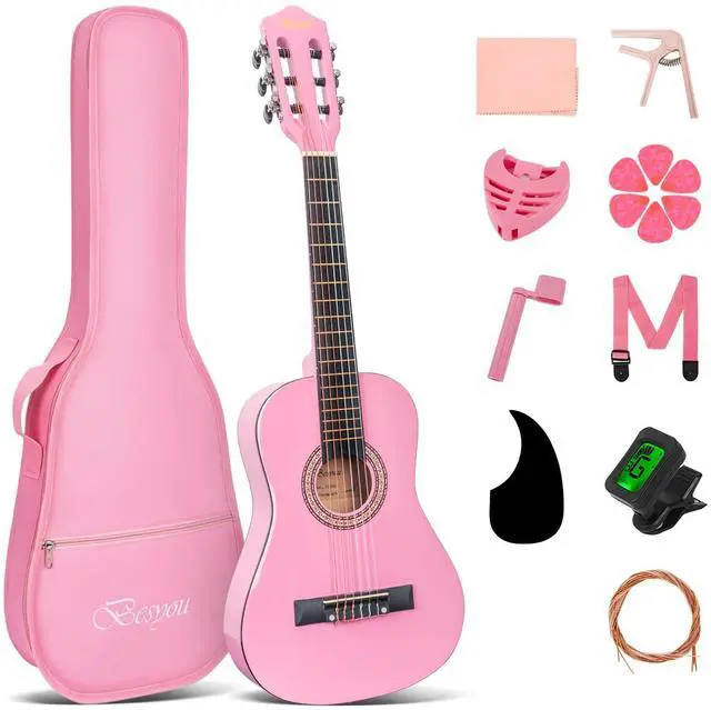 Main image of 30 Inches Pink Beginner Acoustic Guitar Student Kids Guitar with Basic Starter Kit Tuner Bag Capo Strings Winders Strap Picks Pickguard with Gig Bag Pink Color