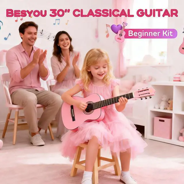 Alt view image 2 of 7 - 30 Inches Pink Beginner Acoustic Guitar Student Kids Guitar with Basic Starter Kit Tuner Bag Capo Strings Winders Strap Picks Pickguard with Gig Bag Pink Color