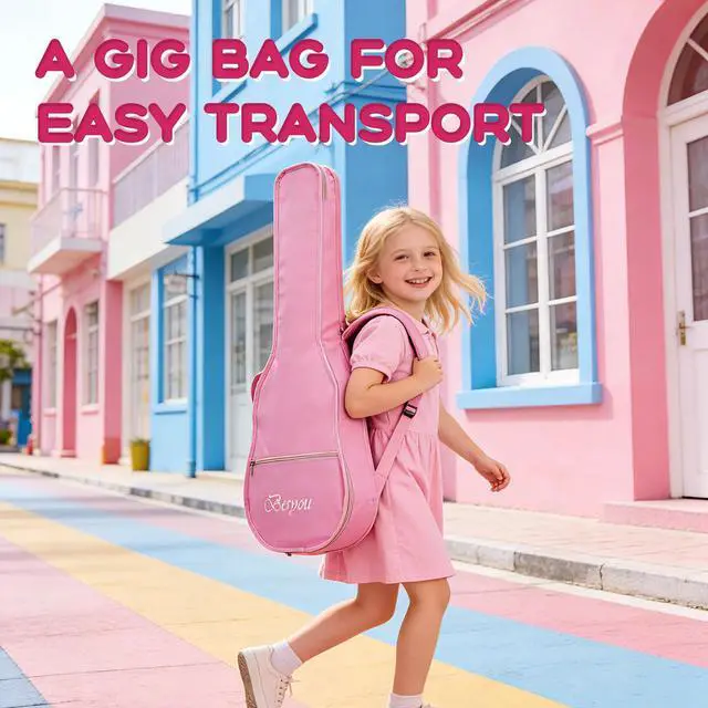 Alt view image 3 of 7 - 30 Inches Pink Beginner Acoustic Guitar Student Kids Guitar with Basic Starter Kit Tuner Bag Capo Strings Winders Strap Picks Pickguard with Gig Bag Pink Color