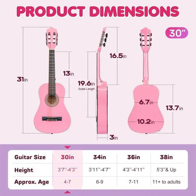Alt view image 4 of 7 - 30 Inches Pink Beginner Acoustic Guitar Student Kids Guitar with Basic Starter Kit Tuner Bag Capo Strings Winders Strap Picks Pickguard with Gig Bag Pink Color