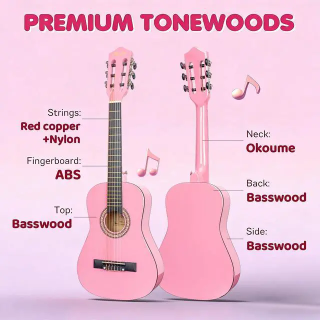 Alt view image 5 of 7 - 30 Inches Pink Beginner Acoustic Guitar Student Kids Guitar with Basic Starter Kit Tuner Bag Capo Strings Winders Strap Picks Pickguard with Gig Bag Pink Color