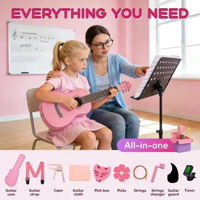 Alt view image 6 of 7 - 30 Inches Pink Beginner Acoustic Guitar Student Kids Guitar with Basic Starter Kit Tuner Bag Capo Strings Winders Strap Picks Pickguard with Gig Bag Pink Color