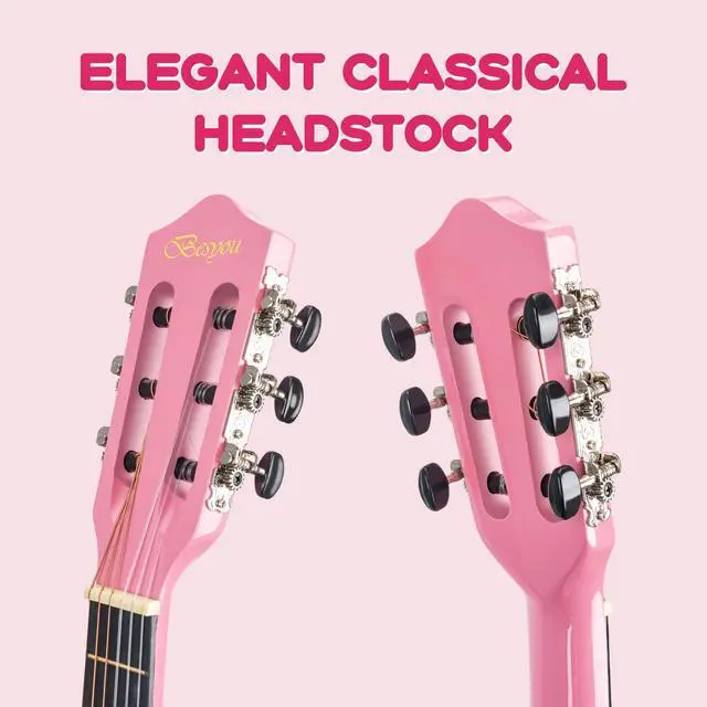 Alt view image 7 of 7 - 30 Inches Pink Beginner Acoustic Guitar Student Kids Guitar with Basic Starter Kit Tuner Bag Capo Strings Winders Strap Picks Pickguard with Gig Bag Pink Color