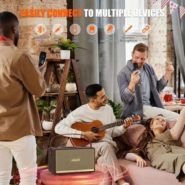 Alt view image 3 of 7 - S8 Karaoke Machine with 2 Wireless Mics for Indoor & Outdoor | Support 3 Mics, Bass/Treble/Echo/Alto Adjustment, 6 Music Modes, 8H Playtime, Support Bluetooth/TWS/FM/AUX/TF Card/USB/PC