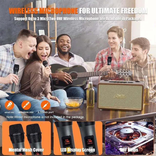 Alt view image 6 of 7 - S8 Karaoke Machine with 2 Wireless Mics for Indoor & Outdoor | Support 3 Mics, Bass/Treble/Echo/Alto Adjustment, 6 Music Modes, 8H Playtime, Support Bluetooth/TWS/FM/AUX/TF Card/USB/PC