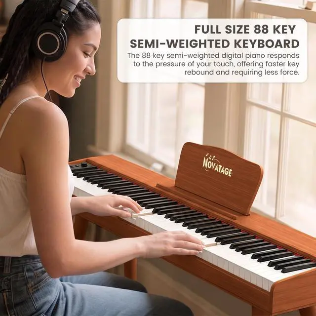 Alt view image 2 of 7 - Digital Piano 88 Key Semi Weighted Keyboard, Full-size Electric Piano for Beginners, Wooden Electric Keyboard with Sustain Pedal, Headphone, cover, Supports MIDI Connecting (Brown)