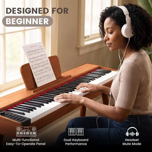 Alt view image 4 of 7 - Digital Piano 88 Key Semi Weighted Keyboard, Full-size Electric Piano for Beginners, Wooden Electric Keyboard with Sustain Pedal, Headphone, cover, Supports MIDI Connecting (Brown)